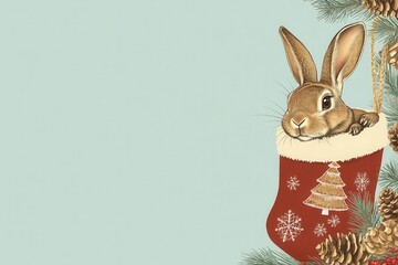 A cute rabbit peeking out of a festive Christmas stocking, surrounded by greenery and pine cones, perfect for holiday themes.