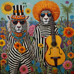 A fascinating painting featuring a cute zebra in three styles: one in a colorful hat, a rock and roll zebra sporting sunglasses and holding a guitar, and a mischievous lion with a sly smile.