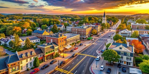 Aerial View of Needham Historic Town Center on Highland Avenue and Great Plain Avenue, Massachusetts