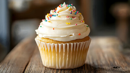 A vanilla cupcake with buttercream frosting and sprinkles, placed on a wooden table  -  