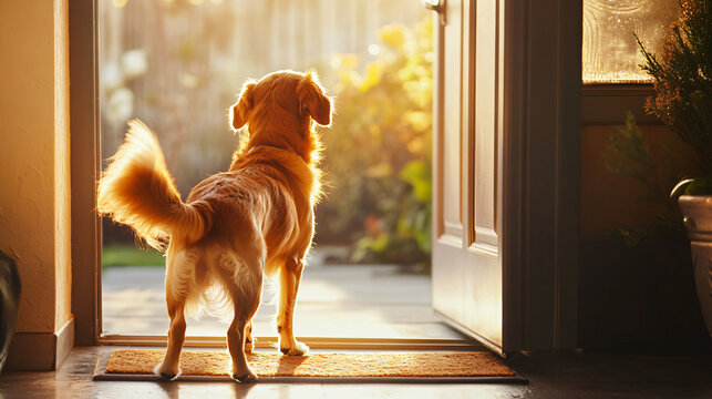 A dog wagging its tail eagerly at the door
