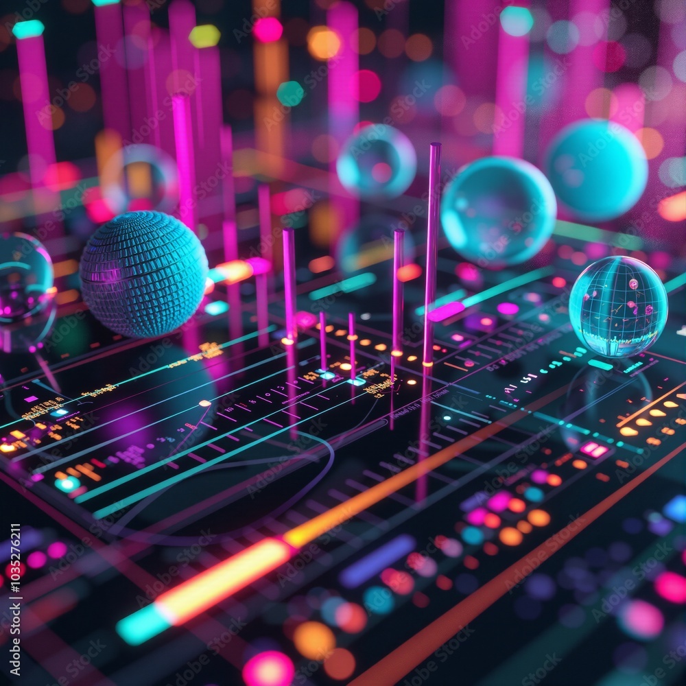 Poster futuristic digital data visualizations with neon colors for technology and innovation concepts