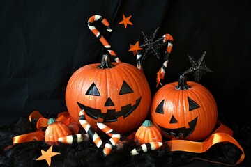 Halloween themed image featuring pumpkins, candy corn, black and white candy canes, orange ribbon, with generative ai