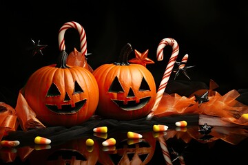 Halloween themed image featuring pumpkins, candy corn, black and white candy canes, orange ribbon, with generative ai