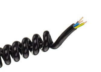 Black coiled electrical cable with exposed copper wires