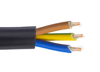 Fototapeta premium Close up of multi-colored electrical wires with exposed copper strands. Three wire