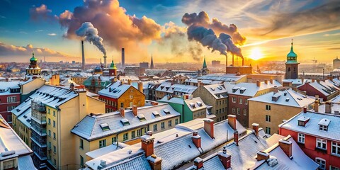 Naklejka premium Aerial View of Snow-Covered Rooftops in Berlin: A Surreal Winter Wonderland