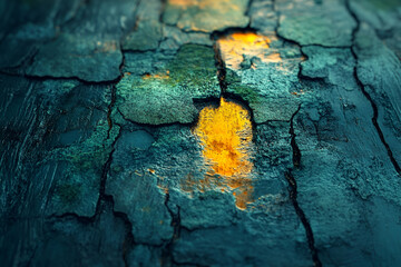 Close-up of textured surface with peeling paint, featuring vibrant colors like green and yellow, revealing layers beneath.