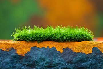 Fototapeta premium A vibrant patch of green moss atop a textured, multicolored surface, blending earthy tones in a natural setting.