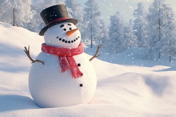 Obraz premium A classic snowman standing in a snowy landscape, wearing a vibrant red scarf and a black top hat. Background