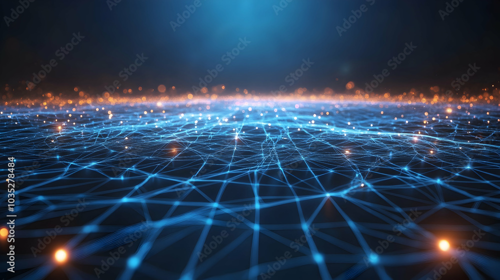 Poster abstract digital network with glowing blue lines connecting bright nodes, symbolizing data exchange 