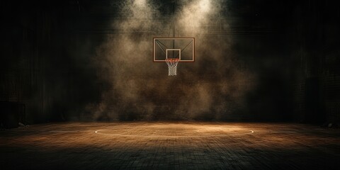 Empty basketball court with a spotlight on the hoop. Dust particles float in the air, creating a dramatic and atmospheric scene.