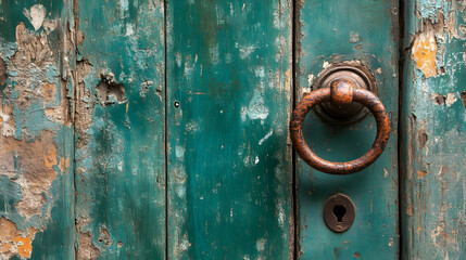 An antiquated green door featuring a corroded handle and flaking paint, reminiscent of a rich history and vintage allure.