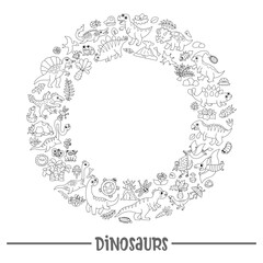 Vector black and white dinosaur round wreath line frame with Pterodactyl, Stegosaurus, Triceratops, T-Rex. Prehistoric animal card template design for banner. Dino party coloring page for kids