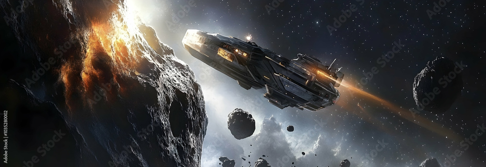 Poster astronauts and spaceship exploring a large asteroid in deep space. -