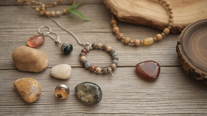 Handmade jewelry displayed on wooden surface with natural stones