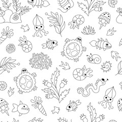 Vector black and white ancient fish and marine creatures seamless pattern. Line prehistoric water animal repeat background. Dinosaur period digital paper or coloring page with turtle