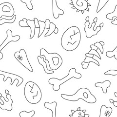Vector black and white dinosaur bones, skeletons and skulls seamless pattern. Line prehistoric animal fossil repeat background or coloring page. Archaeologists or paleontologist texture © Lexi Claus
