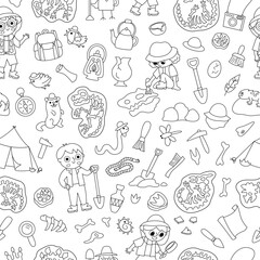 Vector black and white paleontologist seamless pattern. Line prehistoric animal scientist repeat background. Dino researcher digital paper or coloring page with fossils, bones, tools, brush