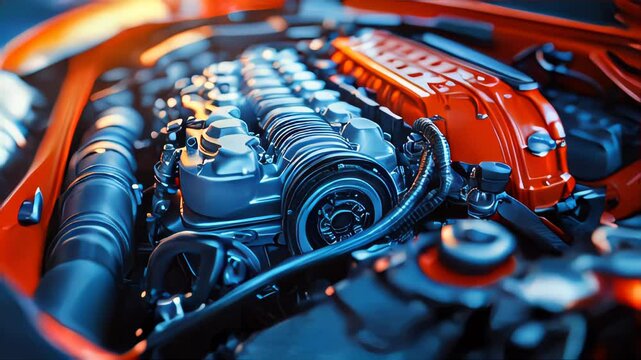 Close-up of a powerful engine under the hood of a modern car, featuring a vibrant yellow engine cover and detailed mechanical components in an industrial setting