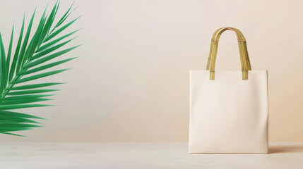 A stylish white tote bag with textured design, set against a soft backdrop and complemented by a vibrant green palm leaf.