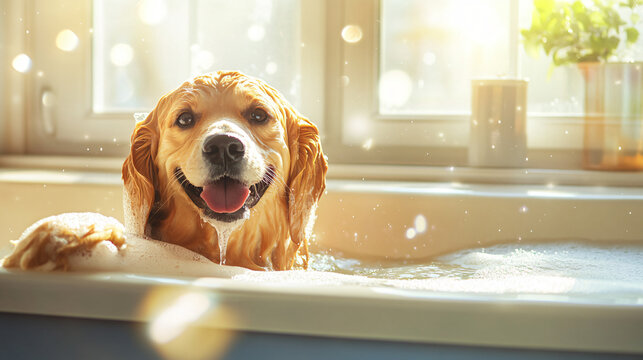 A dog enjoying a bath in a sunny bathroom