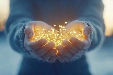 Hands cupping glowing particles in a blue atmosphere symbolizing magic wonder and the power of creativity in an ethereal mysterious scene