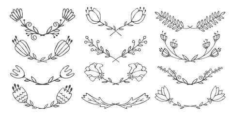 Linear wreaths drawing, botanical floral borders
