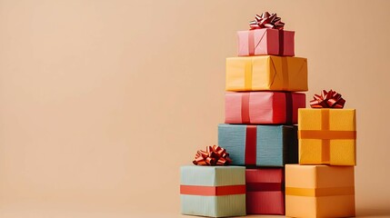Colorful Stack of Gift Boxes on Beige Backdrop