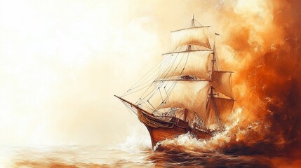 Obraz premium A majestic sailing ship navigating through turbulent waters at sunset.