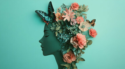 1. A cardboard cutout of a human head adorned with flowers and a butterfly set against a mint-colored background.