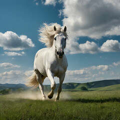 Obraz premium An image of a white horse galloping across a field, with its mane and tail blowing in the breeze. The backdrop shows rolling green hills and a clear blue sky with scattered clouds.