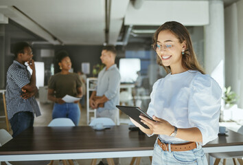 Tablet, search and business woman in office for technology, productivity report or communication...