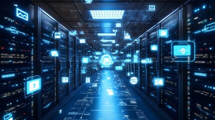 Fototapeta premium information and telecommunication technology and IOT - internet of things concepts. Diagrams with icons on server room backgrounds. 