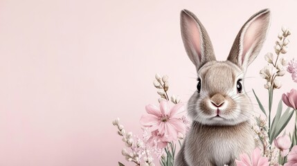 Obraz premium Cute bunny surrounded by soft pink flowers, creating a serene and charming spring atmosphere.