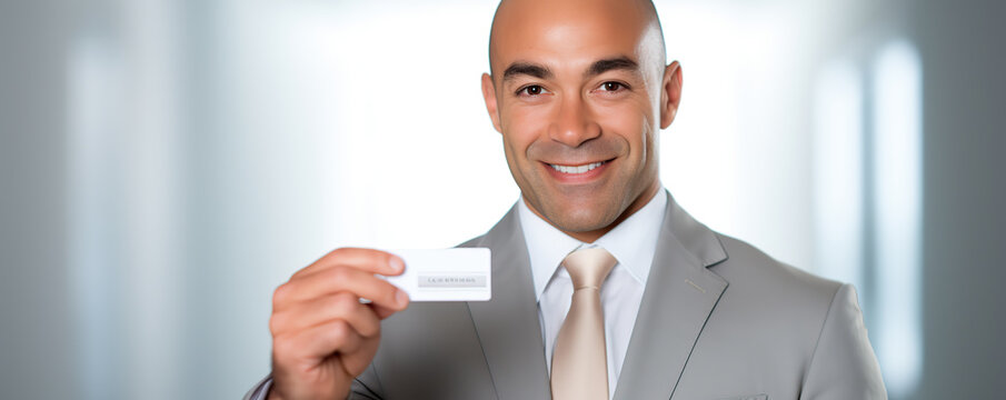 A business professional holding a blank card