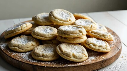A delicious array of freshly baked cookies dusted with powdered sugar on a rustic wooden plate, evoking warmth and comfort