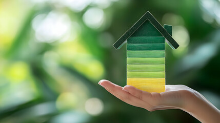 The notion of energy efficiency within a residence, symbolized by a hand supporting a green building, underscores the importance of sustainable development.