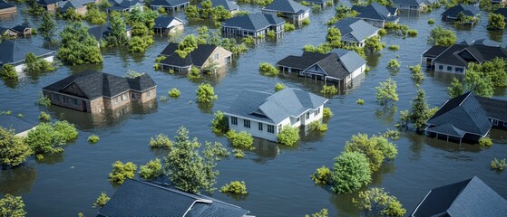 Aerial view of homes submerged in floodwater surrounded by lush greenery, highlighting the impact of climate change.