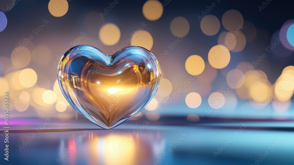 Poster 3d glossy heart with intricate reflections, placed in front of a bokeh-lit backdrop for a dreamy eff