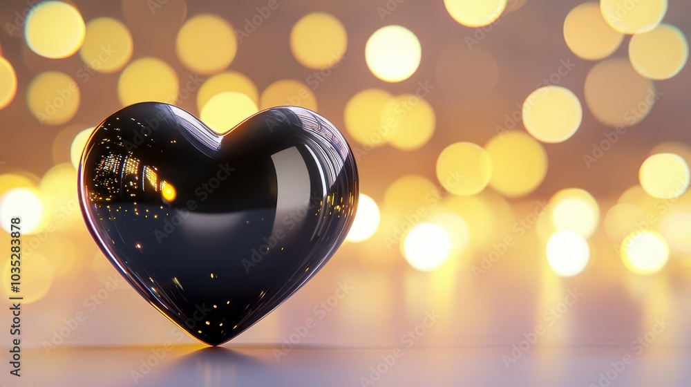 Poster 3d glossy heart with intricate reflections, placed in front of a bokeh-lit backdrop for a dreamy eff