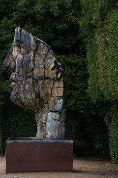 Tindaro Screpolato. Boboli Gardens. Sculpture by Igor Mitorai - Tindaro Screpolato. A bronze statue of a head in the Boboli Garden. An aged statue. A person's face. Florence. Italy. 06.01.2024.