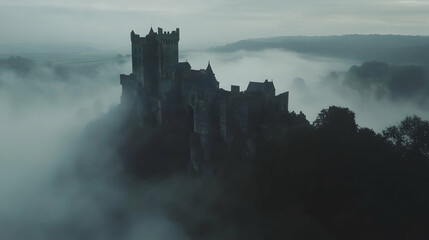 A foreboding medieval fortress rises amidst a shrouded, mist-laden terrain.