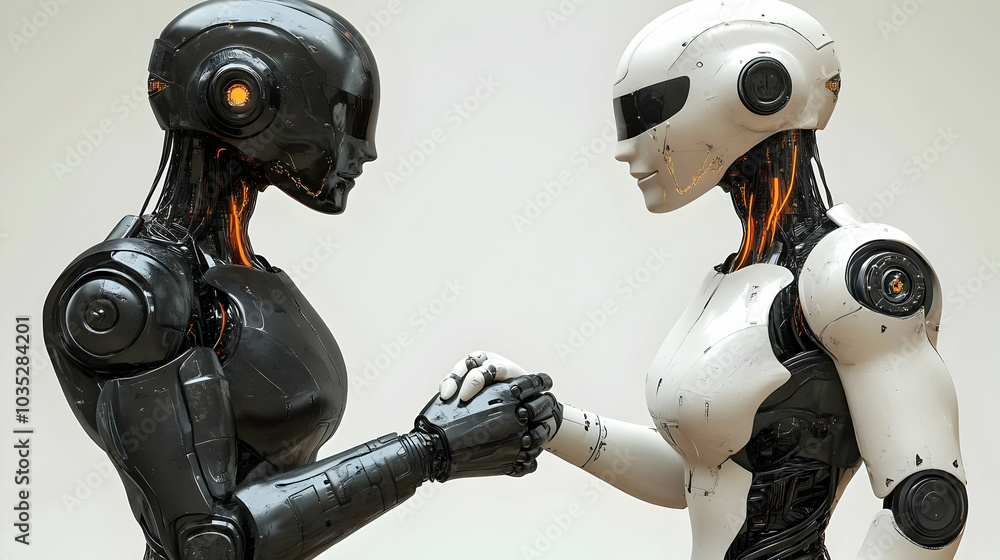 Poster two robots shaking hands: a visual representation of artificial intelligence and human collaboration