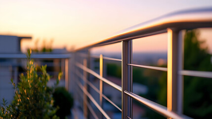 Detailed shot of a stainless steel railing on a balcony, with a blurred background  -  