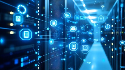 Obraz premium information and telecommunication technology and IOT - internet of things concepts. Diagrams with icons on server room backgrounds. 