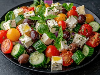 Fresh Greek Salad with Colorful Vegetables and Herbs