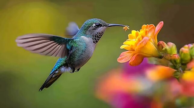 Hovering hummingbird with a verdant forest backdrop, a petite and vibrant bird in motion