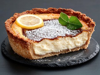 Classic Lemon Tart with Fresh Garnish and Powdered Sugar