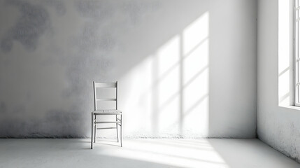 Empty chair placed in the corner of a white room, symbolizing loneliness  -  